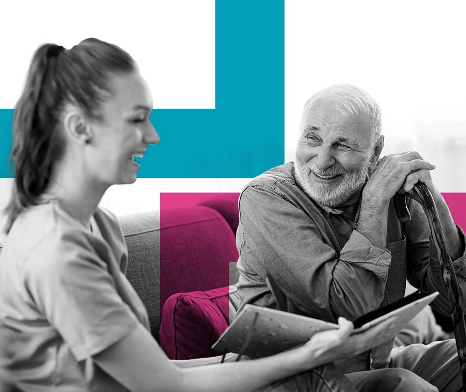Nurse holding notebook open to elderly man
