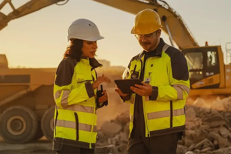 Two workers in high vis standing in front of machinery on ipad