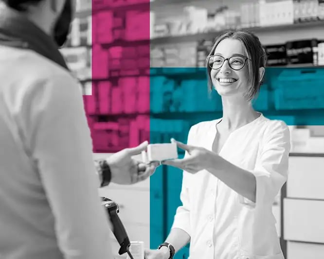 Pharmacy worker handing over medication to a man